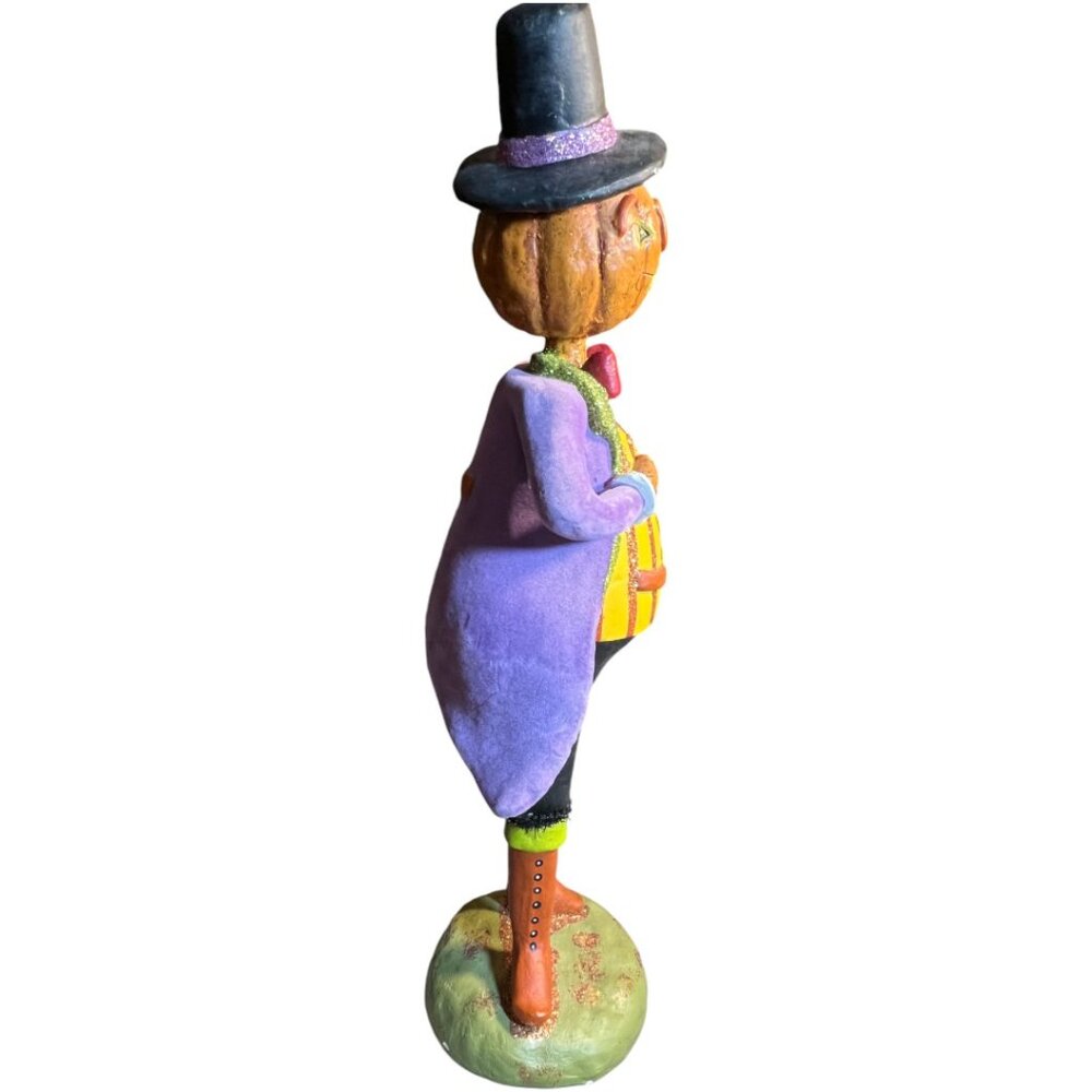Folk Art Pumpkin Figurine in Flocked Suit Halloween Whimsical 15" tall x 6" wide - Picture 2 of 14